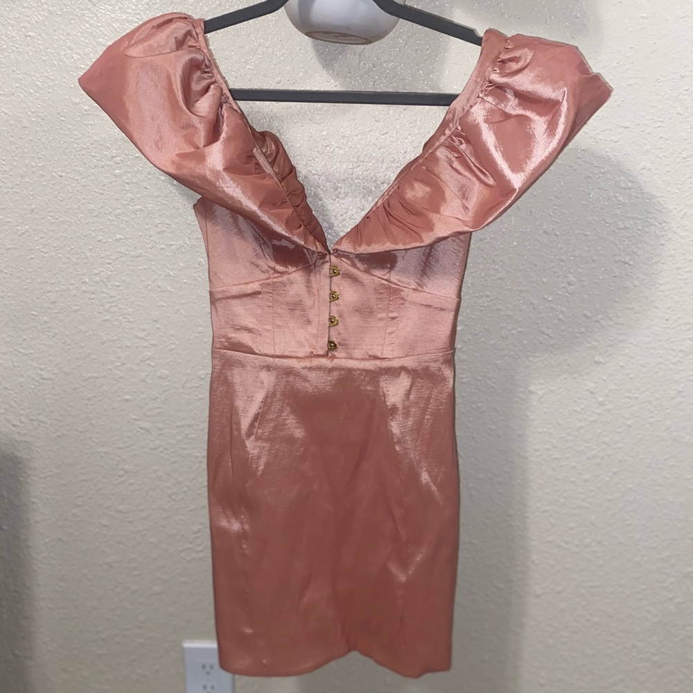 rose pink mini dress with puffy shoulders